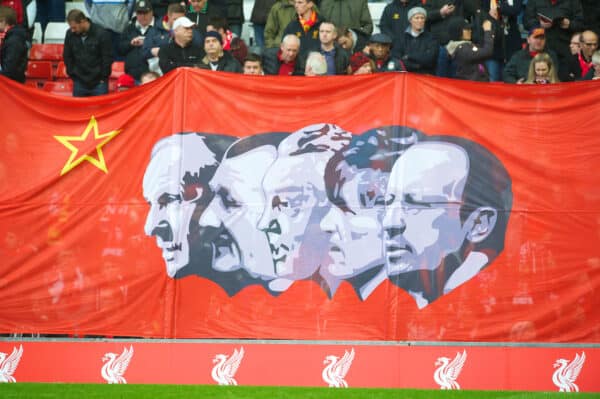 LIVERPOOL, ENGLAND - Sunday, April 21, 2013: Liverpool fans' banner featuring previous great managers Bill Shankly, Bob Paisley, Joe Fagan, Kenny Dalglish and Rafael Benitez before the Premiership match against Chelsea at Anfield. (Pic by David Rawcliffe/Propaganda)