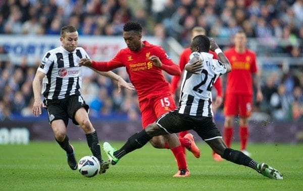 NEWCASTLE, ENGLAND - Saturday, April 27, 2013: Liverpool's Daniel Sturridge in action against Newcastle United during the Premiership match at St James' Park. (Pic by David Rawcliffe/Propaganda)