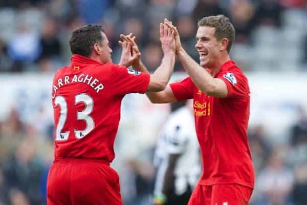 NEWCASTLE, ENGLAND - Saturday, April 27, 2013: Liverpool's Jordan Henderson celebrates scoring the sixth goal against Newcastle United during the Premiership match at St James' Park. (Pic by David Rawcliffe/Propaganda)