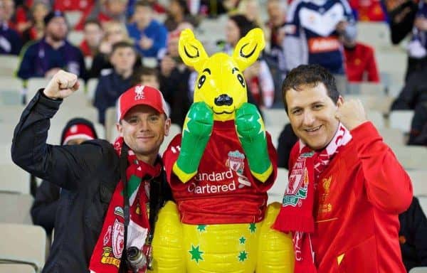 MELBOURNE, AUSTRALIA - Wednesday, July 24, 2013: Liverpool's supporters with a Kangaroo before a preseason friendly match against Melbourne Victory at the Melbourne Cricket Ground. (Pic by David Rawcliffe/Propaganda)