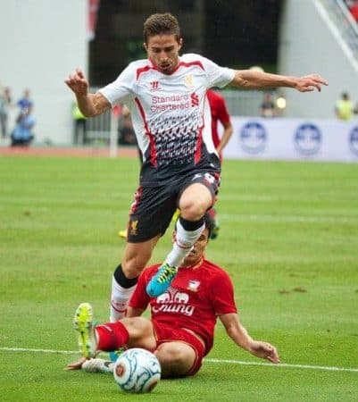 BANGKOK, THAILAND - Sunday, July 28, 2013: Liverpool's Fabio Borini in action against Thailand XI during a preseason friendly match at the Rajamangala National Stadium. (Pic by David Rawcliffe/Propaganda)