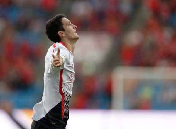 OSLO, NORWAY - Wednesday, August 7, 2013: Liverpool's Luis Alberto celebrates scoring the first goal against Valerenga during a preseason friendly match at the Ullevaal Stadion. (Pic by David Rawcliffe/Propaganda)