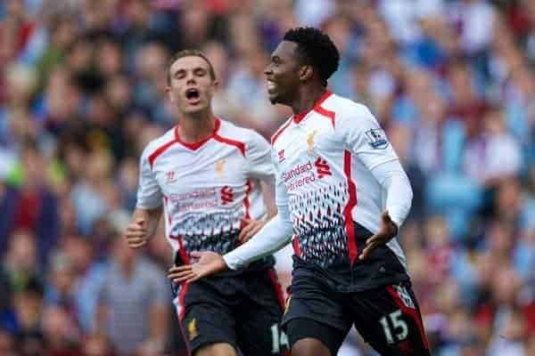 LIVERPOOL, ENGLAND - Saturday, August 24, 2013: Liverpool's Daniel Sturridge celebrates scoring the first goal against Aston Villa during the Premiership match at Villa Park. (Pic by David Rawcliffe/Propaganda)