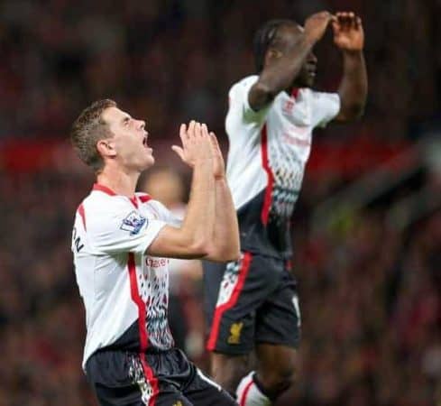 MANCHESTER, ENGLAND - Wednesday, September 25, 2013: Liverpool's Jordan Henderson looks dejected after missing a chance against Manchester United during the Football League Cup 3rd Round match at Old Trafford. (Pic by David Rawcliffe/Propaganda)