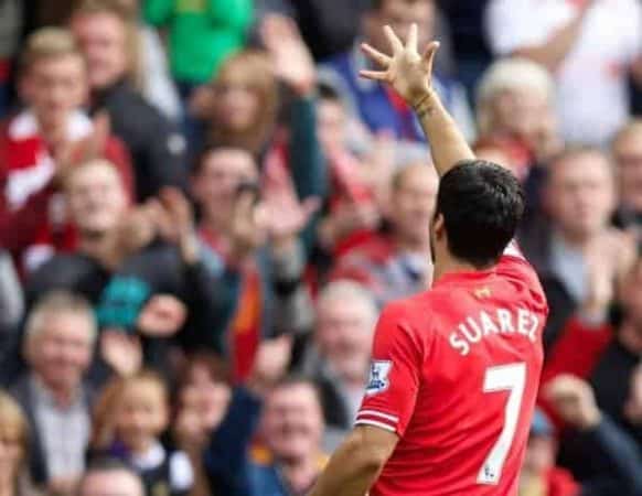 LIVERPOOL, ENGLAND - Saturday, October 5, 2013: Liverpool's Luis Suarez celebrates scoring the first goal against Crystal Palace during the Premiership match at Anfield. (Pic by David Rawcliffe/Propaganda)