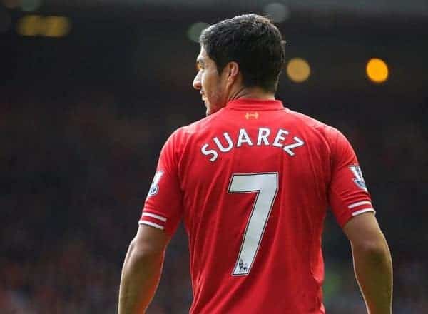 LIVERPOOL, ENGLAND - Saturday, October 5, 2013: Liverpool's Luis Suarez in action against Crystal Palace during the Premiership match at Anfield. (Pic by David Rawcliffe/Propaganda)