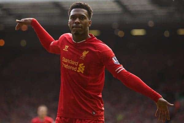 LIVERPOOL, ENGLAND - Saturday, October 5, 2013: Liverpool's Daniel Sturridge celebrates scoring the second goal against Crystal Palace during the Premiership match at Anfield. (Pic by David Rawcliffe/Propaganda)