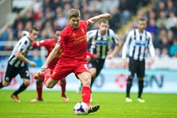 NEWCASTLE-UPON-TYNE, ENGLAND - Saturday, October 19, 2013: Liverpool's captain Steven Gerrard scores the first goal against Newcastle United from the penalty spot during the Premiership match at St. James' Park. (Pic by David Rawcliffe/Propaganda)