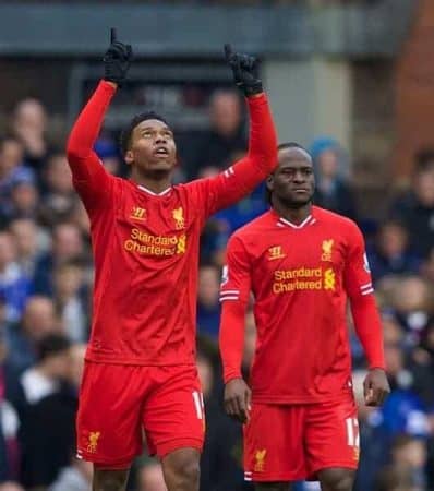 LIVERPOOL, ENGLAND - Saturday, November 23, 2013: Liverpool's Daniel Sturridge celebrates scoring the third goal against Everton to level the scores at 3-3 during the 221st Merseyside Derby Premiership match at Goodison Park. (Pic by David Rawcliffe/Propaganda)