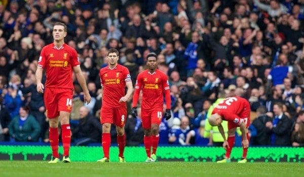 LIVERPOOL, ENGLAND - Saturday, November 23, 2013: Liverpool's Jordan Henderson, captain Steven Gerrard, Daniel Sturridge and Martin Skrtel looks dejected after Everton's third goal during the 221st Merseyside Derby Premiership match at Goodison Park. (Pic by David Rawcliffe/Propaganda)