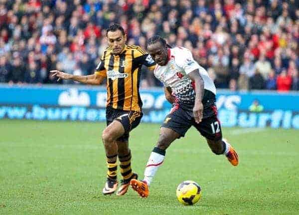 HULL, ENGLAND - Sunday, December 1, 2013: Liverpool's Victor Moses in action against Hull City during the Premiership match at the KC Stadium. (Pic by David Rawcliffe/Propaganda)