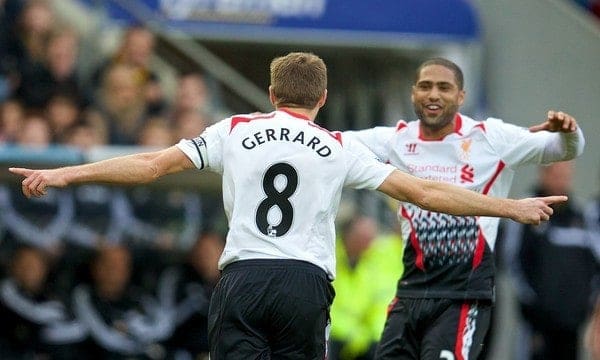 HULL, ENGLAND - Sunday, December 1, 2013: Liverpool's captain Steven Gerrard celebrates scoring the first goal against Hull City during the Premiership match at the KC Stadium. (Pic by David Rawcliffe/Propaganda)