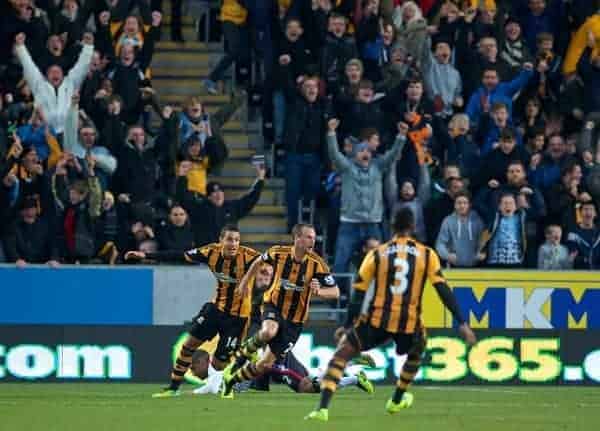 HULL, ENGLAND - Sunday, December 1, 2013: Hull City's David Meyler celebrates scoring the second goal against Liverpool during the Premiership match at the KC Stadium. (Pic by David Rawcliffe/Propaganda)