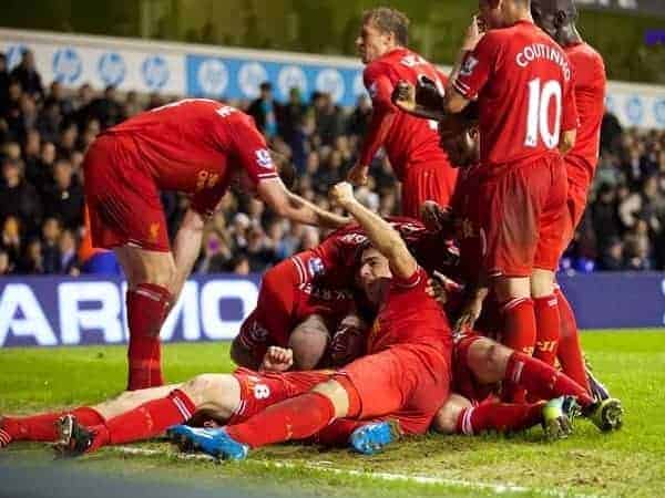 LONDON, ENGLAND - Sunday, December 15, 2013: Liverpool's Jon Flanagan celebrates scoring the third goal against Tottenham Hotspur during the Premiership match at White Hart Lane. (Pic by David Rawcliffe/Propaganda)