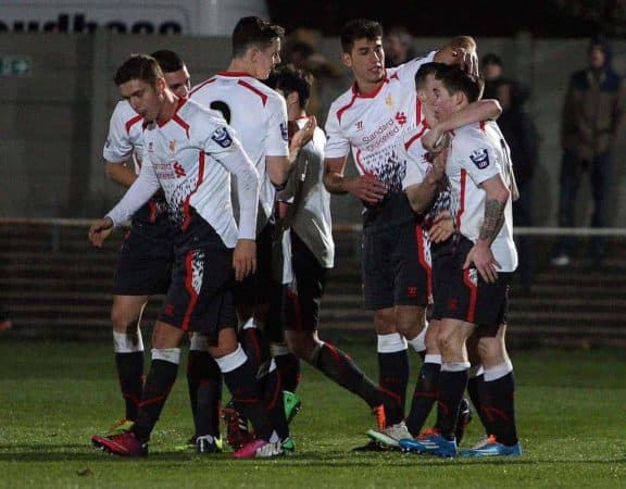 LIVERPOOL, ENGLAND - Friday, March 7, 2014: Liverpool's Jack Dunn [R} celebrates scoring the second goal against West Ham United during the Under 21 FA Premier League match at the Rush Green Stadium. (Pic by Nicky Hayes/Propaganda)