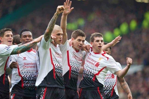 MANCHESTER, ENGLAND - Sunday, March 16, 2014: Liverpool's captain Steven Gerrard celebrates scoring the first goal against Manchester United from the penalty spot during the Premiership match at Old Trafford. (Pic by David Rawcliffe/Propaganda)