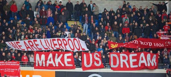 CARDIFF, WALES - Saturday, March 22, 2014: Liverpool supporters' banner 'Make Us Dream' before the Premiership match against Cardiff City at the Cardiff City Stadium. (Pic by David Rawcliffe/Propaganda)