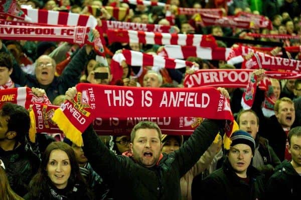 LIVERPOOL, ENGLAND - Wednesday, March 26, 2014: Liverpool's supporters before the Premiership match against Sunderland at Anfield. (Pic by David Rawcliffe/Propaganda)