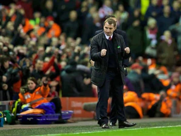 LIVERPOOL, ENGLAND - Wednesday, March 26, 2014: Liverpool's manager Brendan Rodgers celebrates after his side's 2-1 victory over Sunderland during the Premiership match at Anfield. (Pic by David Rawcliffe/Propaganda)