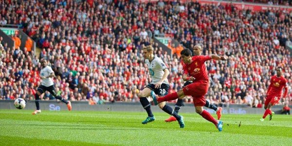 LIVERPOOL, ENGLAND - Sunday, March 30, 2014: Liverpool's Luis Suarez scores the second goal against Tottenham Hotspur during the Premiership match at Anfield. (Pic by David Rawcliffe/Propaganda)