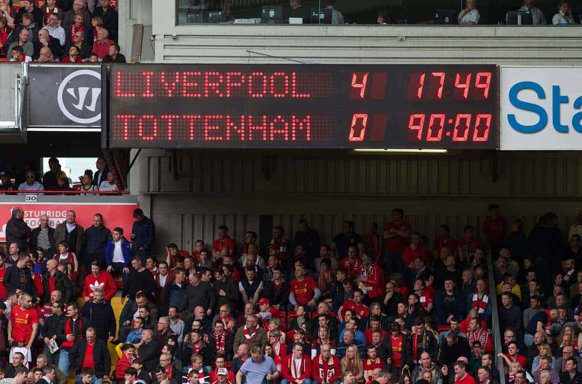 LIVERPOOL, ENGLAND - Sunday, March 30, 2014: Liverpool's scoreboard records the 4-0 victory over Tottenham Hotspur during the Premiership match at Anfield. (Pic by David Rawcliffe/Propaganda)