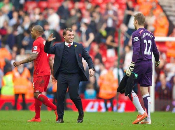 LIVERPOOL, ENGLAND - Sunday, March 30, 2014: Liverpool's manager Brendan Rodgers celebrates his side's 4-0 victory over Tottenham Hotspur with goalkeeper Simon Mignolet during the Premiership match at Anfield. (Pic by David Rawcliffe/Propaganda)