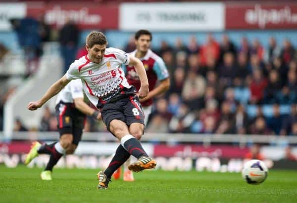 LONDON, ENGLAND - Sunday, April 6, 2014: Liverpool's captain Steven Gerrard scores the first goal against West Ham United form the penalty spot during the Premiership match at Upton Park. (Pic by David Rawcliffe/Propaganda)