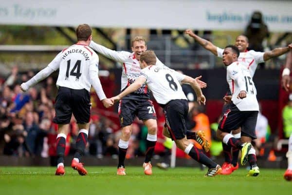 LONDON, ENGLAND - Sunday, April 6, 2014: Liverpool's captain Steven Gerrard celebrates scoring the second goal against West Ham United from a second penalty during the Premiership match at Upton Park. (Pic by David Rawcliffe/Propaganda)