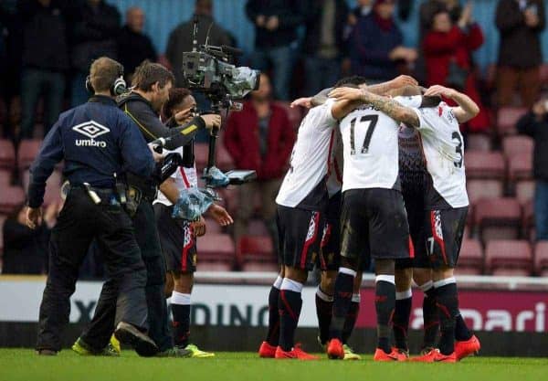 LONDON, ENGLAND - Sunday, April 6, 2014: Liverpool's players celebrate after beating West Ham United 2-1 during the Premiership match at Upton Park. (Pic by David Rawcliffe/Propaganda)