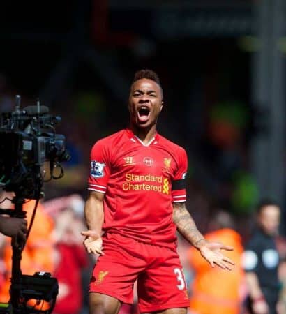 LIVERPOOL, ENGLAND - Sunday, April 13, 2014: Liverpool's Raheem Sterling celebrates scoring the first goal against Manchester City during the Premiership match at Anfield. (Pic by David Rawcliffe/Propaganda)