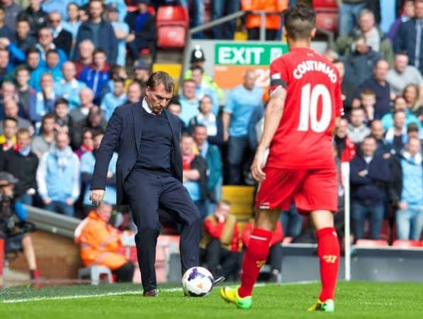 LIVERPOOL, ENGLAND - Sunday, April 13, 2014: Liverpool's manager Brendan Rodgers during the Premiership match against Manchester City at Anfield. (Pic by David Rawcliffe/Propaganda)