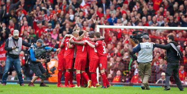 LIVERPOOL, ENGLAND - Sunday, April 13, 2014: Liverpool players celebrate their 3-2 victory over Manchester City during the Premiership match at Anfield. (Pic by David Rawcliffe/Propaganda)