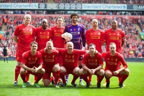 LIVERPOOL, ENGLAND - Easter Monday, April 21, 2014: Liverpool players line up for a team group photograph before the Celebration of the 96 match at Anfield. Back row L-R: Mark Wright, Michael Thomas, Steve McManaman, David James, Rob Jones, John Barnes. Front row L-R: Michael Owen, David Burrows, Gary McAllister, Robbie Fowler, Jason McAteer. (Pic by David Rawcliffe/Propaganda)