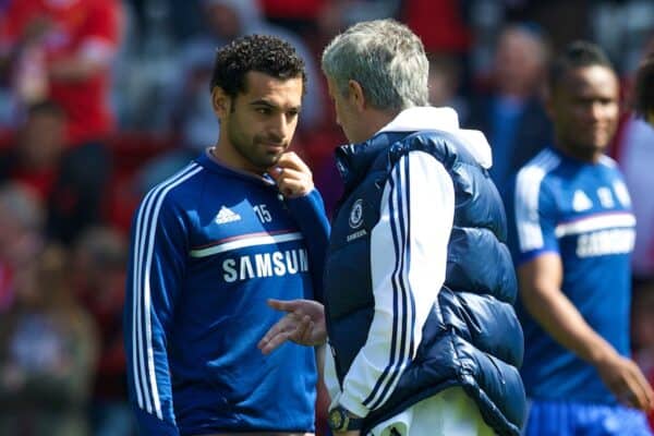 LIVERPOOL, ENGLAND - Sunday, April 27, 2014: A nervous looking Chelsea manager Jose Mourinho with Mohamed Salah on the pitch before the Premiership match against Liverpool at Anfield. (Pic by David Rawcliffe/Propaganda)