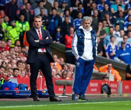 LIVERPOOL, ENGLAND - Sunday, April 27, 2014: Chelsea's manager Jose Mourinho and Liverpool's manager Brendan Rodgers during the Premiership match at Anfield. (Pic by David Rawcliffe/Propaganda)