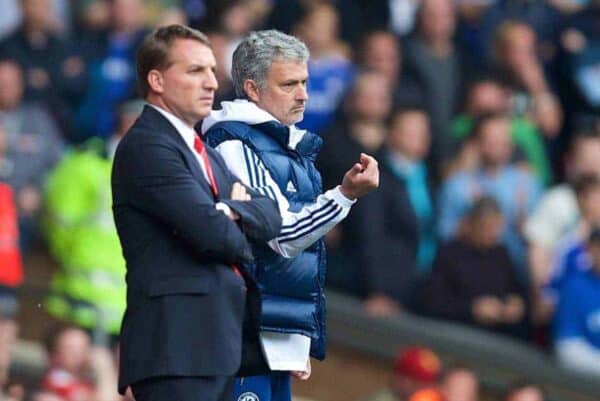 LIVERPOOL, ENGLAND - Sunday, April 27, 2014: Liverpool's manager Brendan Rodgers and Chelsea's manager Jose Mourinho during the Premiership match at Anfield. (Pic by David Rawcliffe/Propaganda)