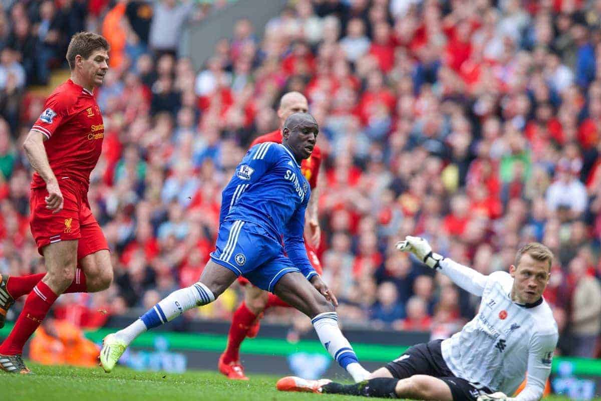 LIVERPOOL, ENGLAND - Sunday, April 27, 2014: Chelsea's Demba Ba' scores the first goal against Liverpool during the Premiership match at Anfield. (Pic by David Rawcliffe/Propaganda)