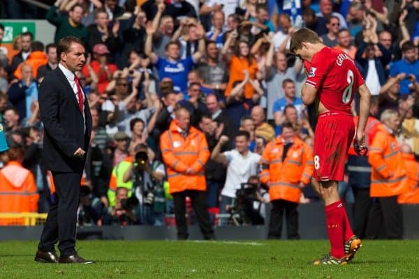 LIVERPOOL, ENGLAND - Sunday, April 27, 2014: Liverpool's captain Steven Gerrard looks dejected at the final whistle as Chelsea's ultra defensive play leads to a 2-0 victory during the Premiership match at Anfield. (Pic by David Rawcliffe/Propaganda)