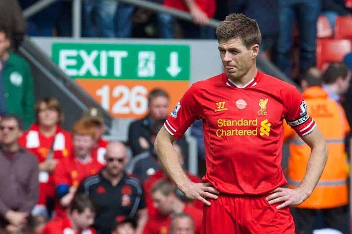 LIVERPOOL, ENGLAND - Sunday, April 27, 2014: Liverpool's captain Steven Gerrard looks dejected during the Premiership match against Chelsea against Chelsea at Anfield. (Pic by David Rawcliffe/Propaganda)