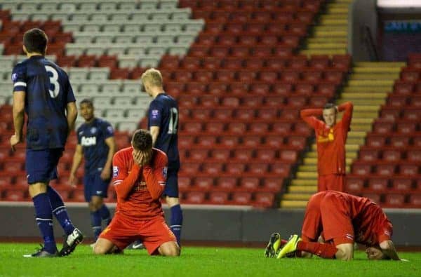 ANFIELD, ENGLAND - Friday, May 2, 2014: Liverpool's Kristoffer Peterson looks dejected after missing a late chance against Manchester United during the Under 21 FA Premier League Semi-Final match at Anfield. (Pic by David Rawcliffe/Propaganda)