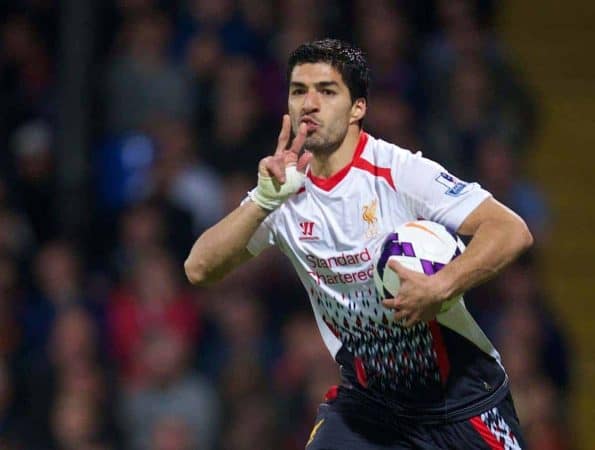 LONDON, ENGLAND - Monday, May 5, 2014: Liverpool's Luis Suarez celebrates scoring the third goal against Crystal Palace during the Premiership match at Selhurst Park. (Pic by David Rawcliffe/Propaganda)