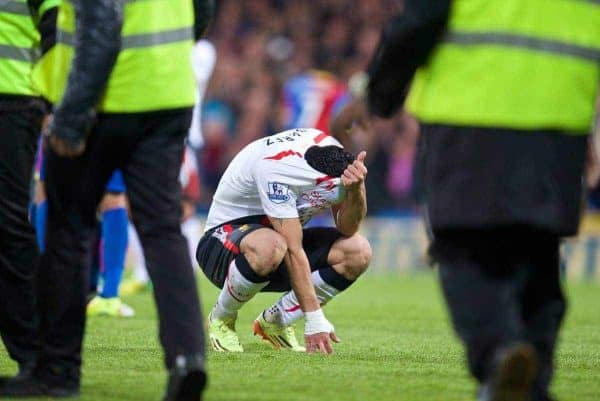 LONDON, ENGLAND - Monday, May 5, 2014: Liverpool's Luis Suarez looks dejected after he sees his side's three goal lead disappear as they draw 3-3 with Crystal Palace during the Premiership match at Selhurst Park. (Pic by David Rawcliffe/Propaganda)