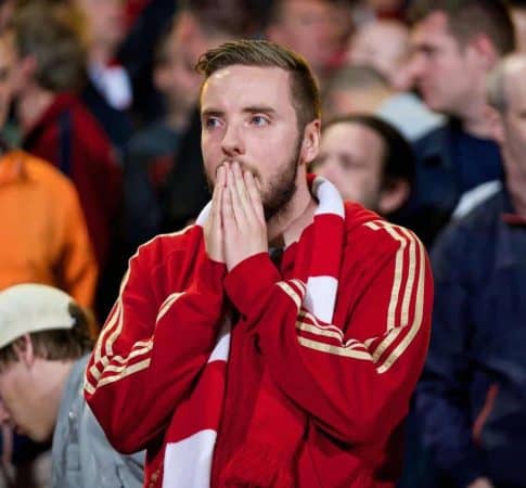 LONDON, ENGLAND - Monday, May 5, 2014: Liverpool' supporters look dejected after the 3-3 draw against Crystal Palace during the Premiership match at Selhurst Park. (Pic by David Rawcliffe/Propaganda)