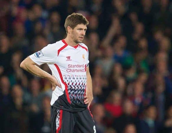 LONDON, ENGLAND - Monday, May 5, 2014: Liverpool's captain Steven Gerrard looks dejected looks dejected as Crystal Palace score the third goal during the Premiership match at Selhurst Park. (Pic by David Rawcliffe/Propaganda)