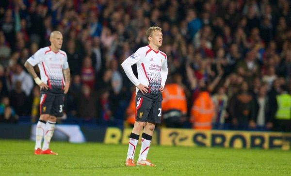 LONDON, ENGLAND - Monday, May 5, 2014: Liverpool's Lucas Leiva looks dejected looks dejected as Crystal Palace score the third goal during the Premiership match at Selhurst Park. (Pic by David Rawcliffe/Propaganda)