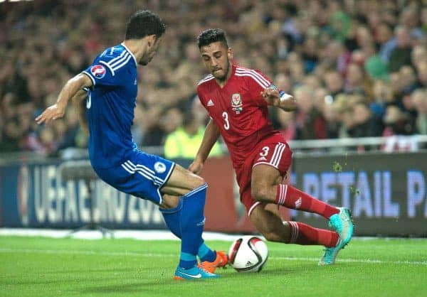 CARDIFF, WALES - Friday, October 10, 2014: Wales Neil Taylor in action against Bosnia and Herzegovina during the UEFA Euro 2016 qualifying match at the Cardiff City Stadium. (Pic by Ian Cook/Propaganda)