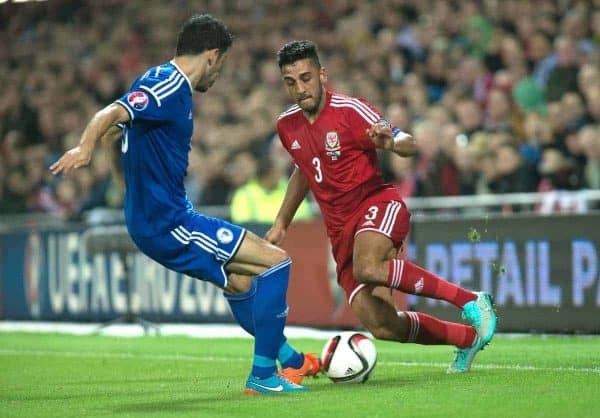 CARDIFF, WALES - Friday, October 10, 2014: Wales Neil Taylor in action against Bosnia and Herzegovina during the UEFA Euro 2016 qualifying match at the Cardiff City Stadium. (Pic by Ian Cook/Propaganda)