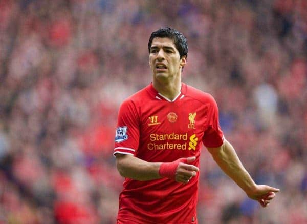 LIVERPOOL, ENGLAND - Sunday, May 11, 2014: Liverpool's Luis Suarez looks dejected after missing a chance against Newcastle United during the Premiership match at Anfield. (Pic by David Rawcliffe/Propaganda)