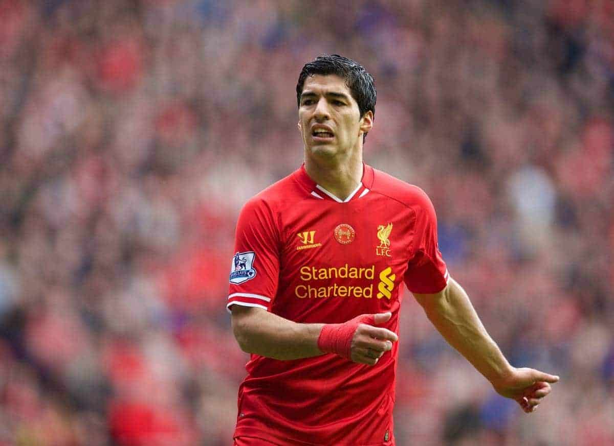 LIVERPOOL, ENGLAND - Sunday, May 11, 2014: Liverpool's Luis Suarez looks dejected after missing a chance against Newcastle United during the Premiership match at Anfield. (Pic by David Rawcliffe/Propaganda)
