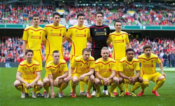 DUBLIN, REPUBLIC OF IRELAND - Wednesday, May 14, 2014: Liverpool's Iago Aspas celebrates scoring the first goal against Shamrock Rovers during a postseason friendly match at Lansdowne Road. (Pic by David Rawcliffe/Propaganda)